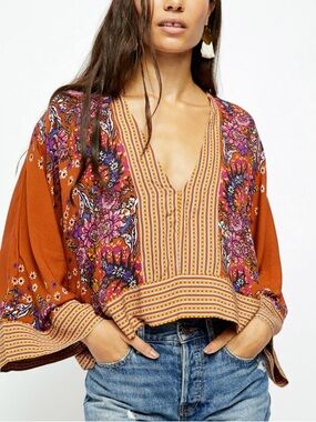 FREE PEOPLE Bohemian Blouse Mix N Match V-Neck Bell Sleeve Mixed Floral Striped